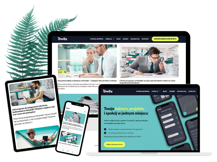Mockup strony aplikacji księgowej, na którą Magdalena Kotara napisała artykuły na bloga, czyli portfolio copywritera.