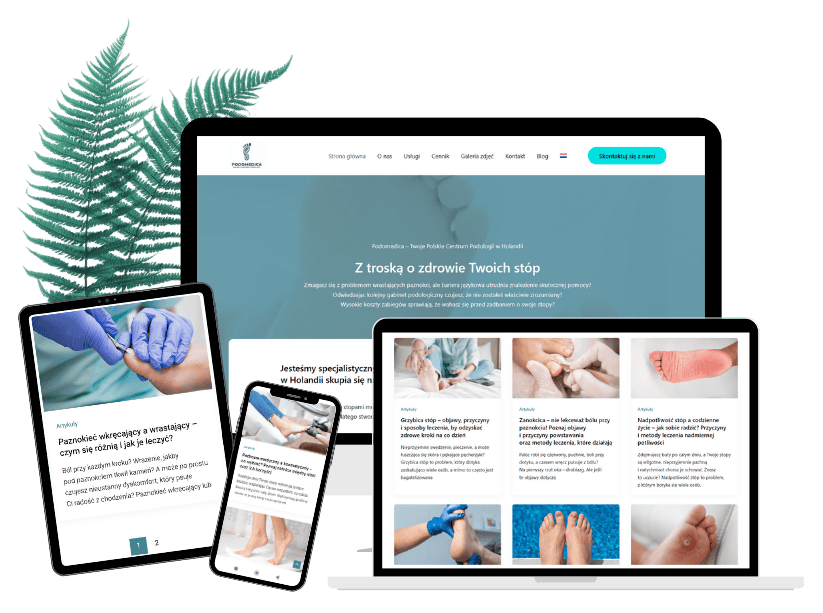 Mockup strony gabinetu podologicznego, na którą Magdalena Kotara napisała artykuły na bloga, czyli portfolio copywritera.