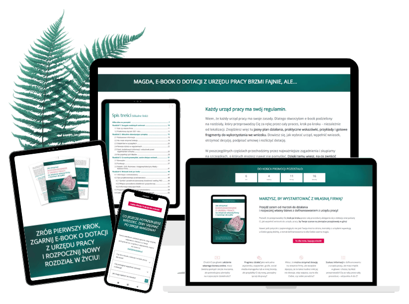 Mockup landing page i e-booka o dotacji z urzedu pracy, do których treści stworzyła Magdalena Kotara, czyli portfolio copywritera.