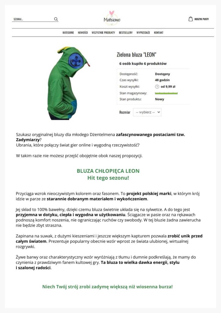 Branża dziecięca fashion i opis produktu – zielona bluza Leon.