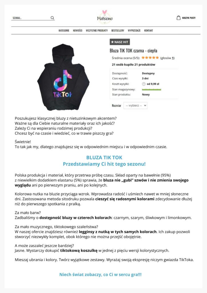Dziecięca branża modowa i opis produktu – bluza TikTok.