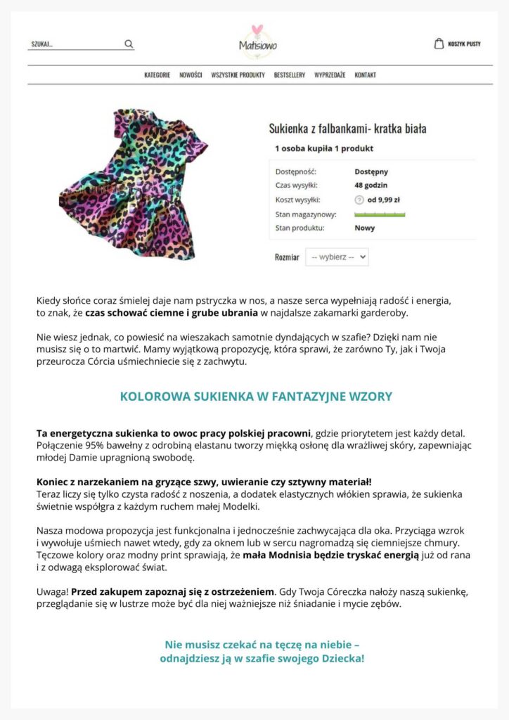 Dziecięca branża fashion i opis produktu – kolorowa sukienka.