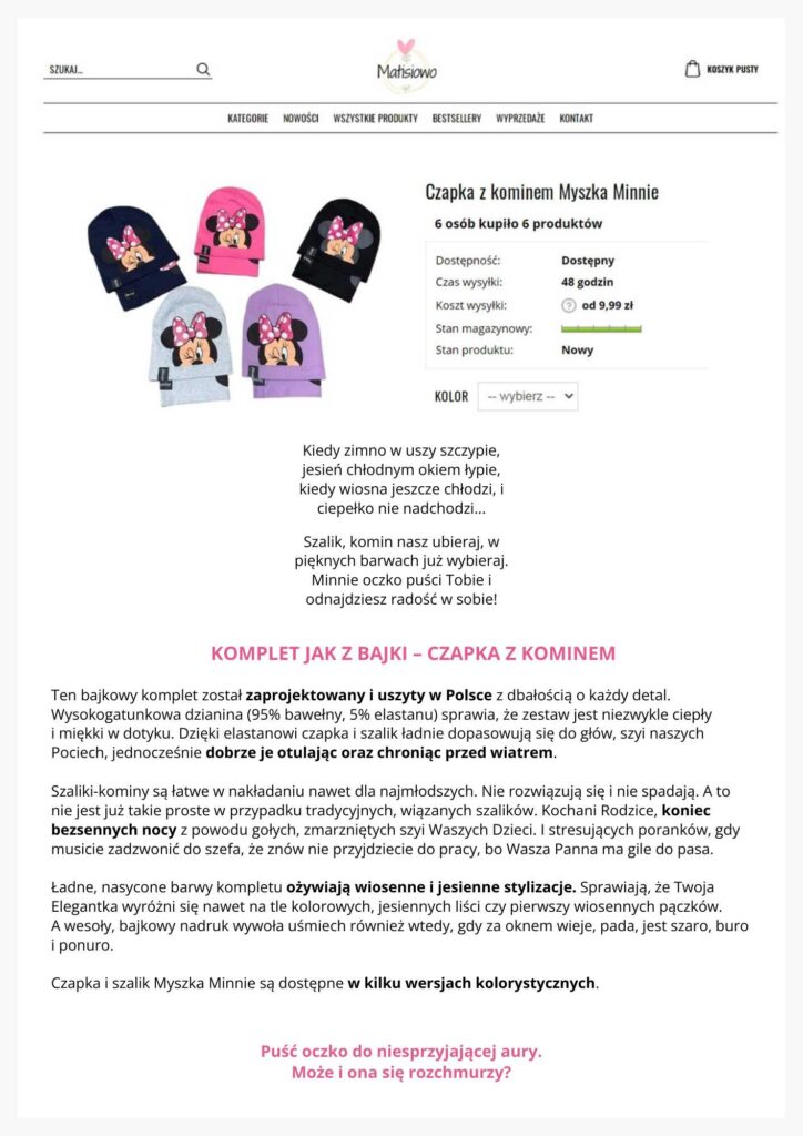 Dziecięca branża fashion i opis produktu – komplet dla dziewczynki z Myszką Minnie.