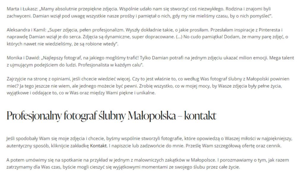 Fragment lokalnego landing page dla branży fotograficznej.