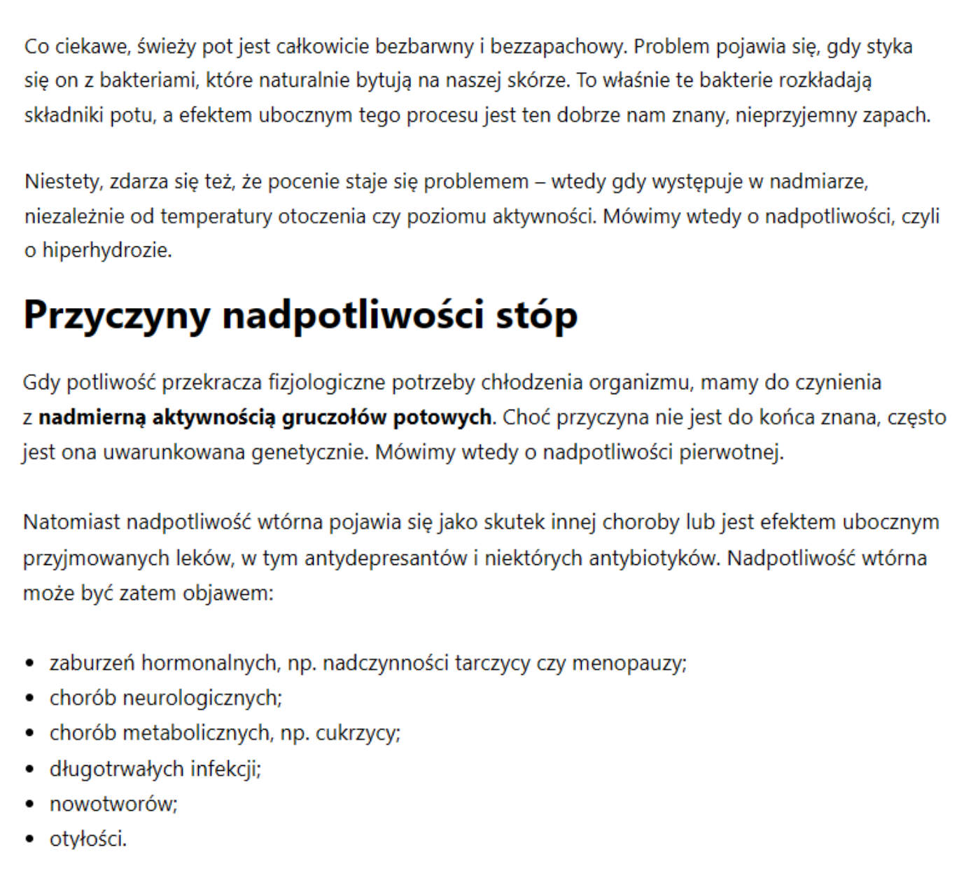 Fragment artykułu blogowego dla gabinetu podologicznego zoptymalizowanego pod SEO o nadpotliwości stóp i jej przyczynach.