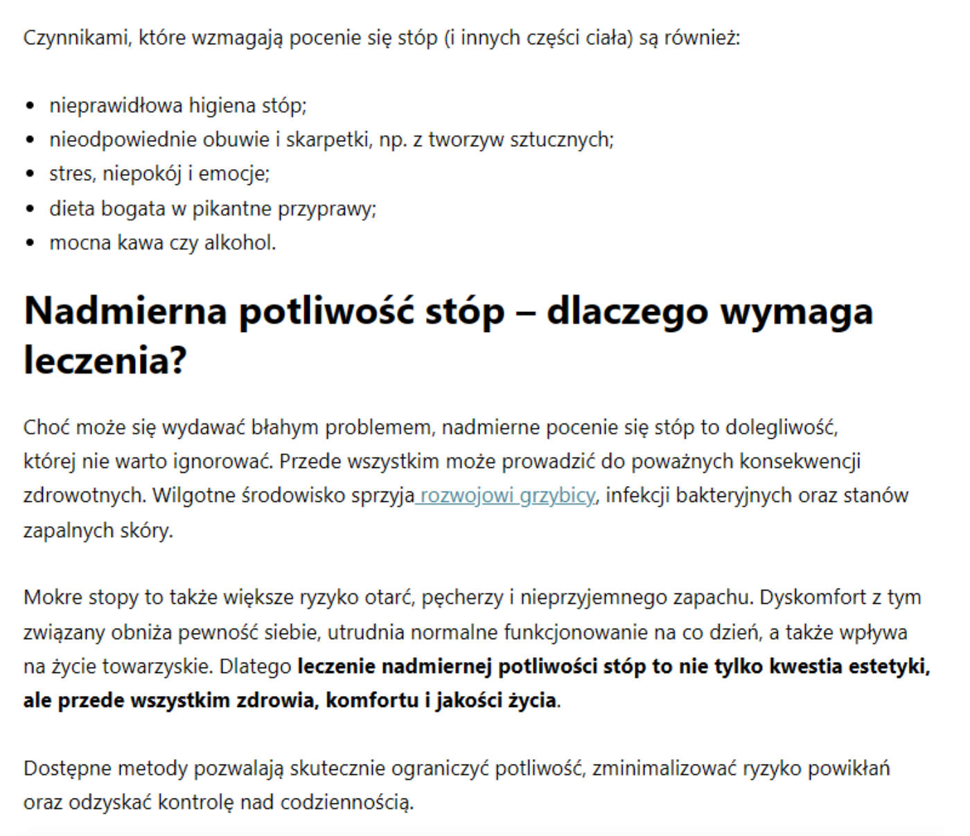 Fragment artykułu blogowego dla gabinetu podologicznego zoptymalizowanego pod SEO o nadpotliwości stóp i metodach leczenia.