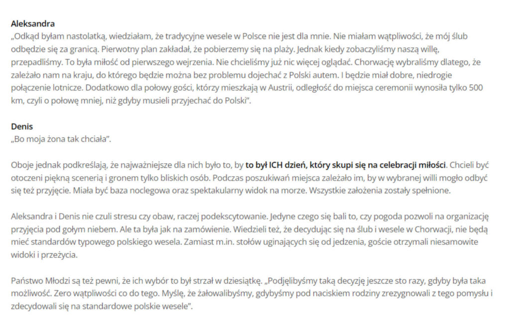 Fragment artykułu na blogu dla fotografa na ślub Damiana Czarnego pt. Jak zorganizować ślub za granicą, czyli portfolio Magdaleny Kotary.