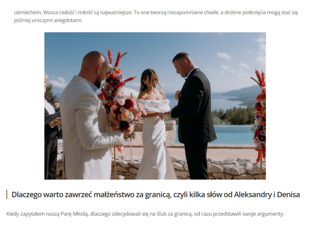 Fragment artykułu poradnikowego na blogu dla fotografa na ślub Damiana Czarnego pt. Jak zorganizować ślub za granicą. Poradnik pełen wskazówek.