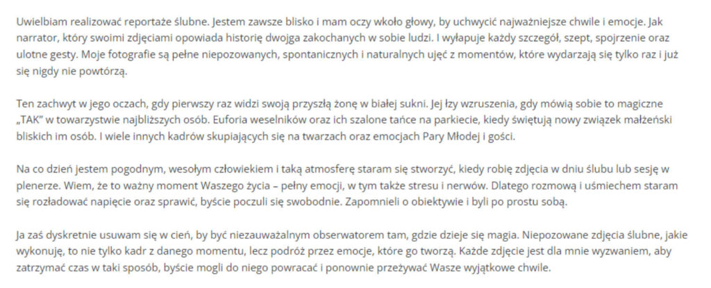 Fragment landing page dla fotografa na ślub.