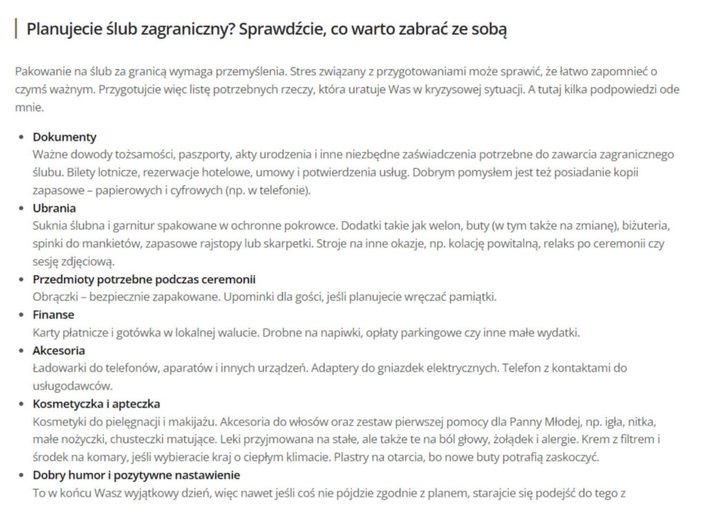 Fragment artykułu na blogu dla fotografa na ślub Damiana Czarnego pt. Jak zorganizować ślub za granicą. Poradnik pełen wskazówek.