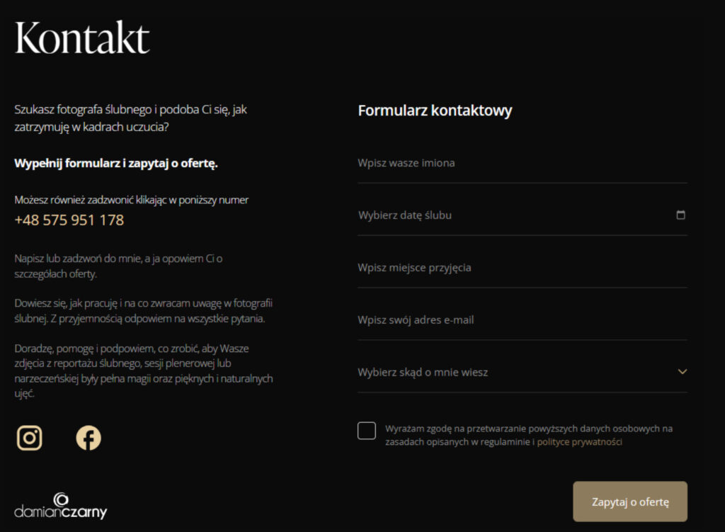 Fragment landing page dla fotografa ślubnego – pozycjonowanie lokalne.