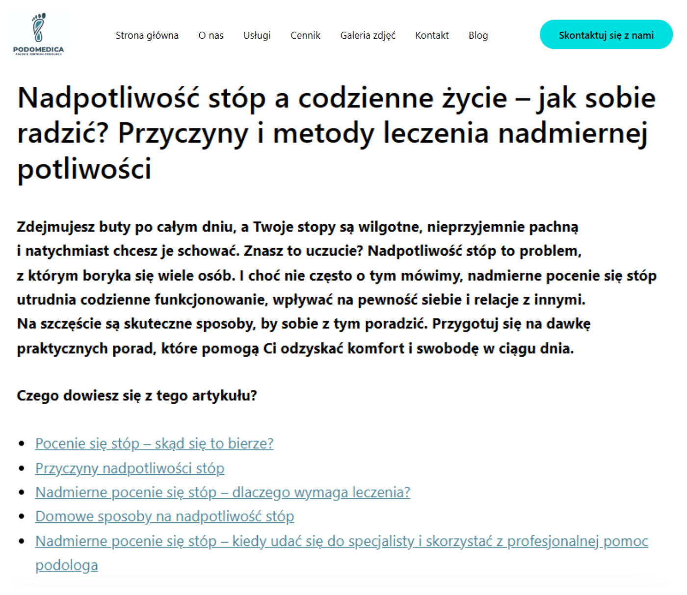 Fragment artykułu blogowego dla gabinetu podologicznego zoptymalizowanego pod SEO o nadpotliwości stóp – do portfolio Magdaleny Kotary.