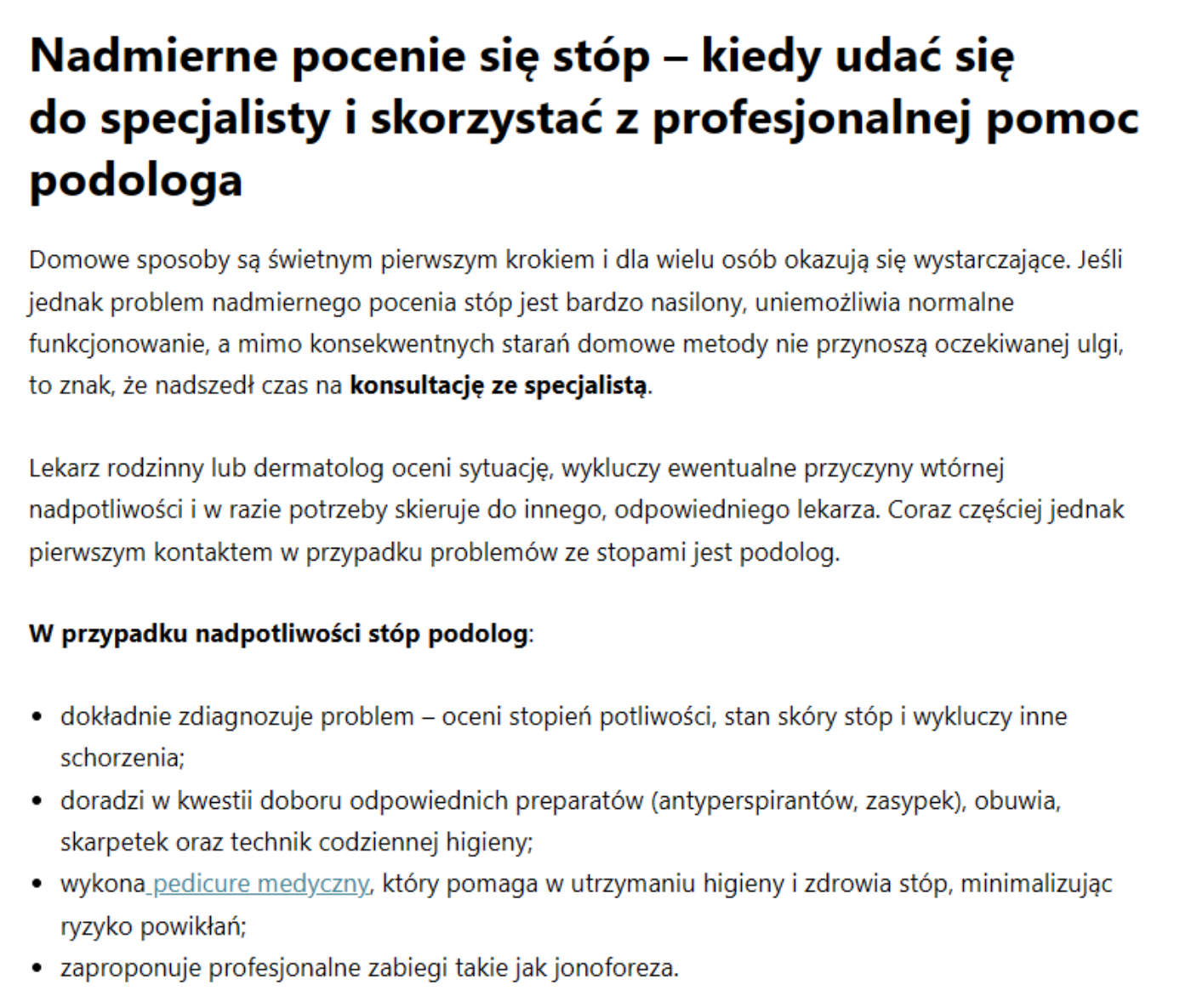 Fragment artykułu blogowego dla gabinetu podologicznego zoptymalizowanego pod SEO o nadpotliwości stóp – do portfolio Magdaleny Kotary.