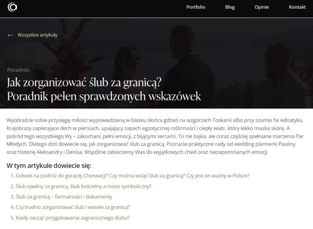 Fragment artykułu na blogu dla fotografa ślubnego pt. Jak zorganizować ślub za granicą.