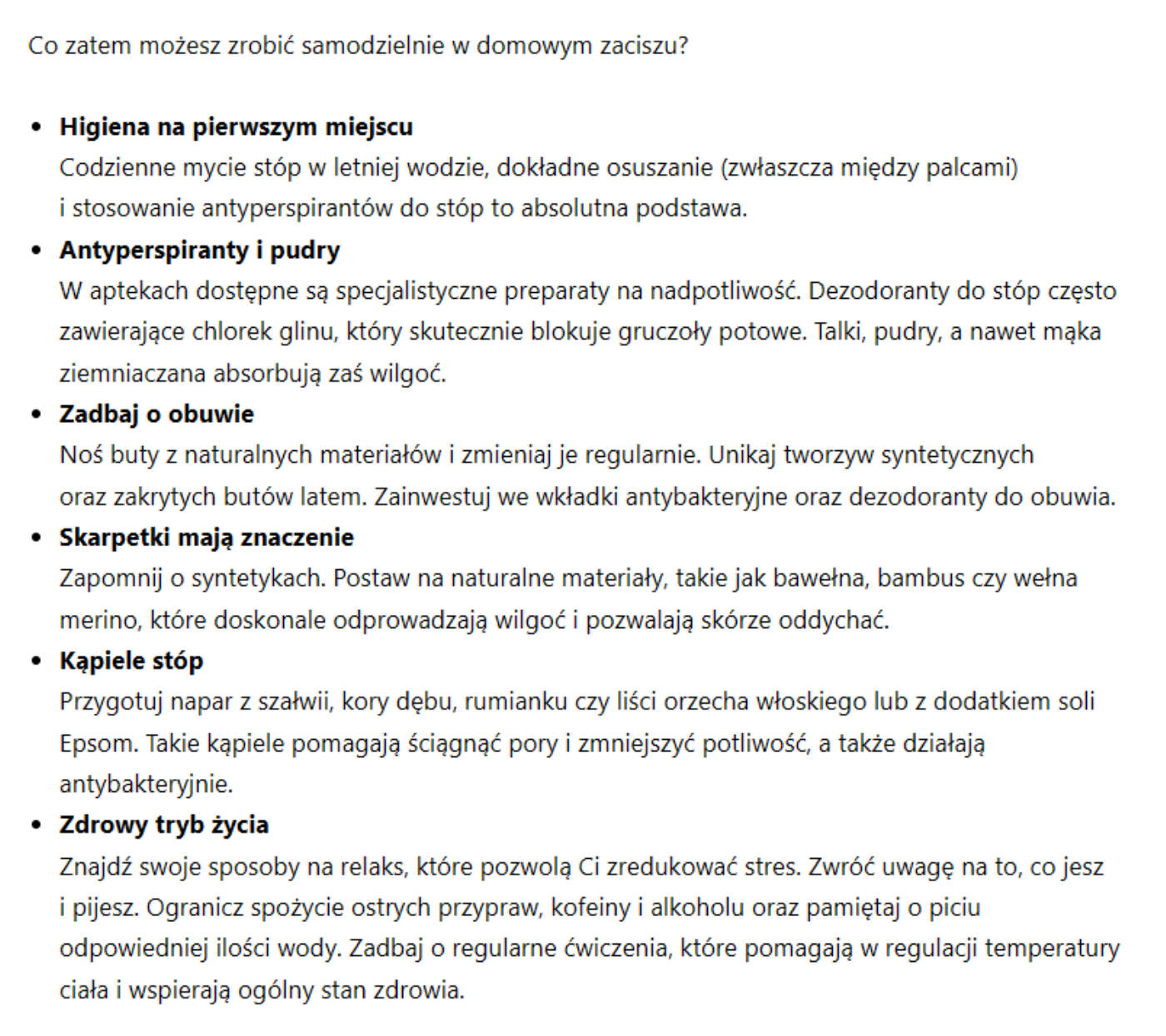 Fragment artykułu blogowego dla gabinetu podologicznego zoptymalizowanego pod SEO o nadpotliwości stóp.