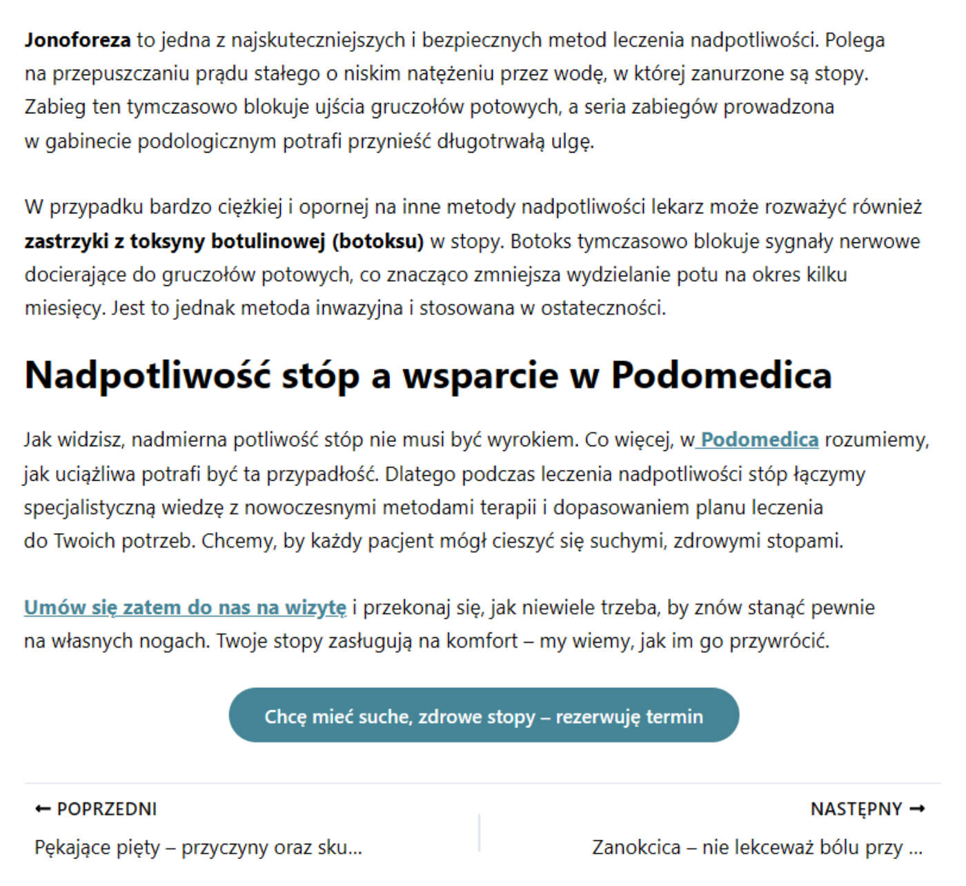 Fragment artykułu blogowego dla gabinetu podologicznego zoptymalizowanego pod SEO o nadpotliwości stóp.