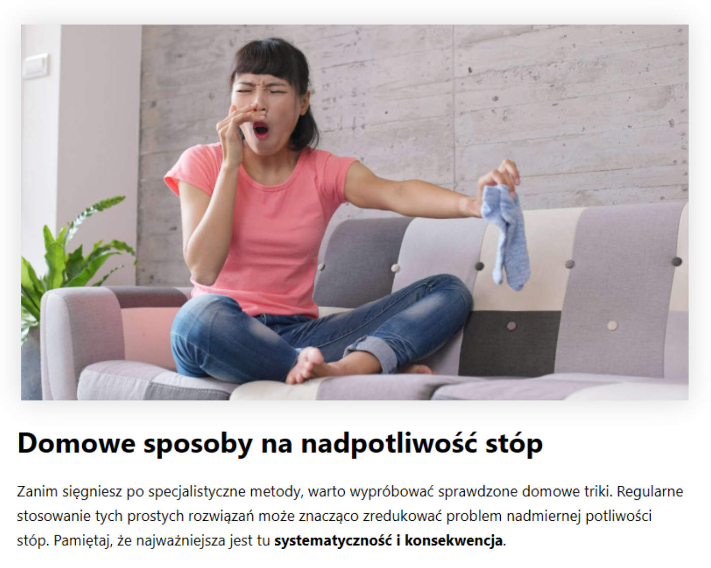 Fragment artykułu blogowego dla gabinetu podologicznego zoptymalizowanego pod SEO o nadpotliwości stóp i domowych sposobach.