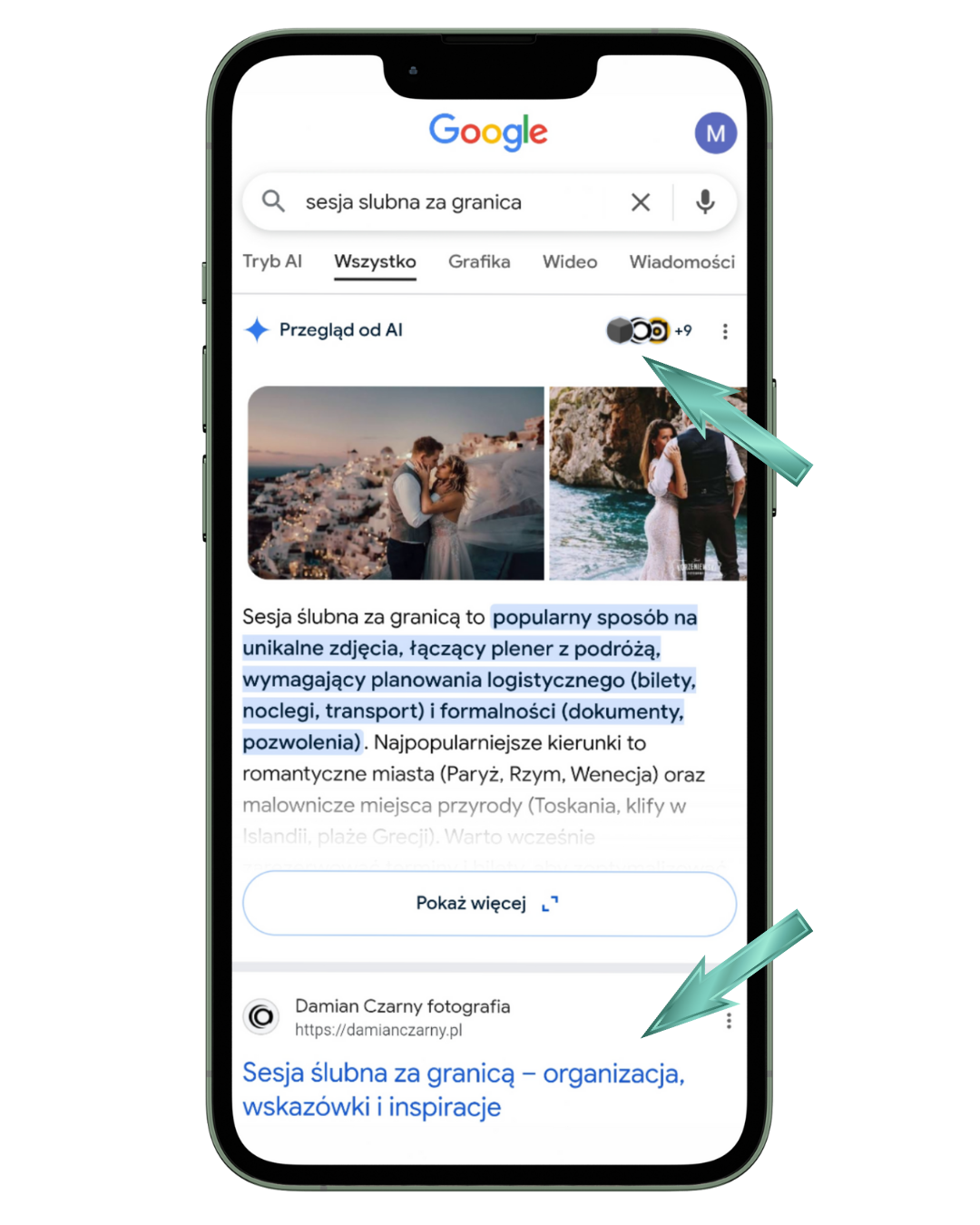Fotograf ślubny i jego artykuł na blogu zoptymalizowany pod SEO i w wynikach wyszukiwania Google i przeglądu od AI w TOP3 i TOP1.