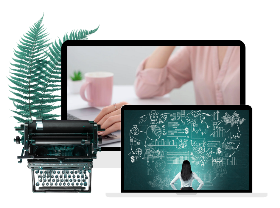 Mockup przedstawiający maszynę do pisania, kobietę przy latopie i kobietę stojacą przed tablicą, na której rozrysowana jest burzą mózgu, co symbolizuje copywriting SEO i sprzedażowy, czyli teksty pisane przez Magdalenę Kotara, które pracują.