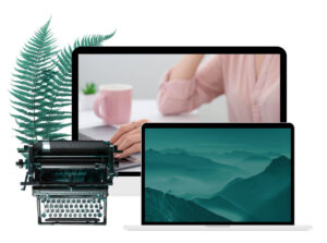 Mockup przedstawiający maszynę do pisania, kobietę przy laptopie i wysokie góry z dużą widocznością, co symbolizuje copywriting SEO i sprzedażowy, czyli teksty pisane przez Magdalenę Kotara, które pracują.