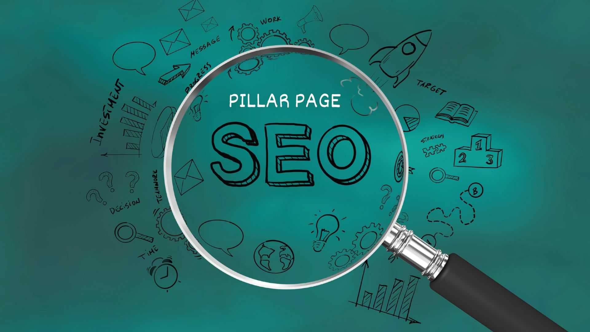 Lupa na tle napisow i rysunków związanych z pozycjonowaniem, a na podświetlonym obszarze pod lupą napisy PILLAR PAGE i SEO.