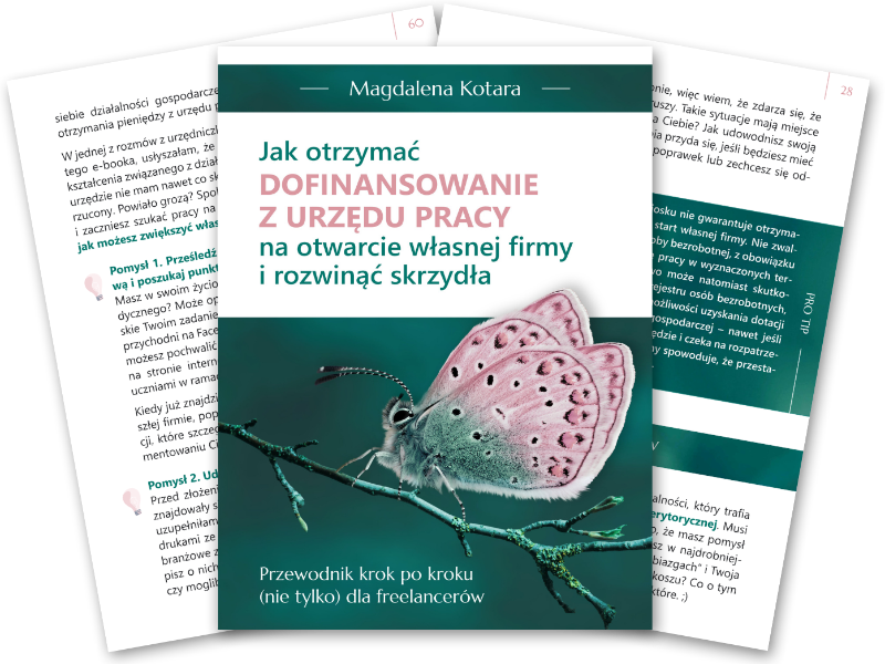 Strony z e-booka o dofinansowaniu z urzędu pracy napisanego przez Magdalenę Kotara wykorzystanego do budowania klastra tematycznego o dotacji z PUP.