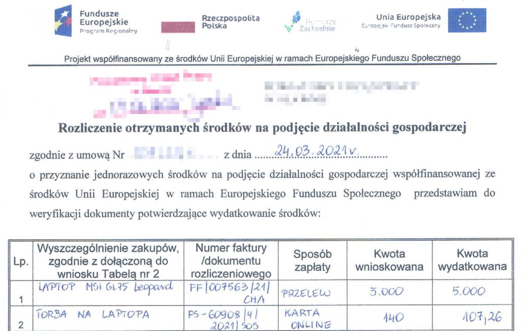 Rozliczenie otrzymanych przeze mnie środków na podjęcie działalności gospodarczej –fragment pierwszej strony.