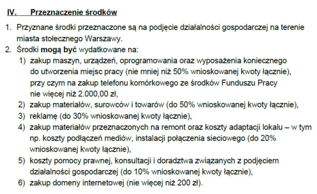 Fragment zasad przyznawania jednorazowo środków na podjęcie działalności gospodarczej obowiązujących w Urzędzie Pracy m.st. Warszawy o tym, na co można przeznaczyć dotację z urzędu pracy w tamtejszej placówce.