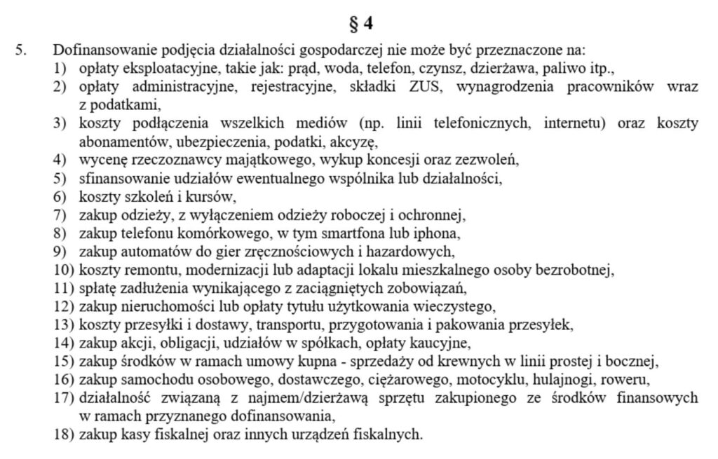 Fragment regulaminu Powiatowego Urzędu Pracy w Opolu na temat, na co nie można przeznaczyc dotacji z urzędu pracy w tamtejszej placówce.