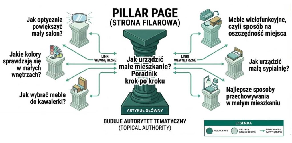 Infografika przedstawiająca pillar page, artykuły szczegółowe i linkowanie wewnętrzne.