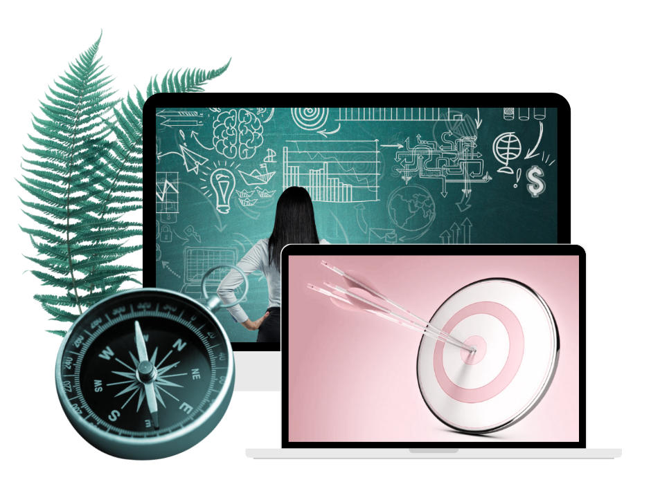 Mockup przedstawiający kompas, cel i kobietę stojącą przed tablicą, na której rozrysowana jest burzą mózgu, czyli atrybuty symbolizujące konsultacje i poukładaną strategię treści u Magdaleny Kotara.
