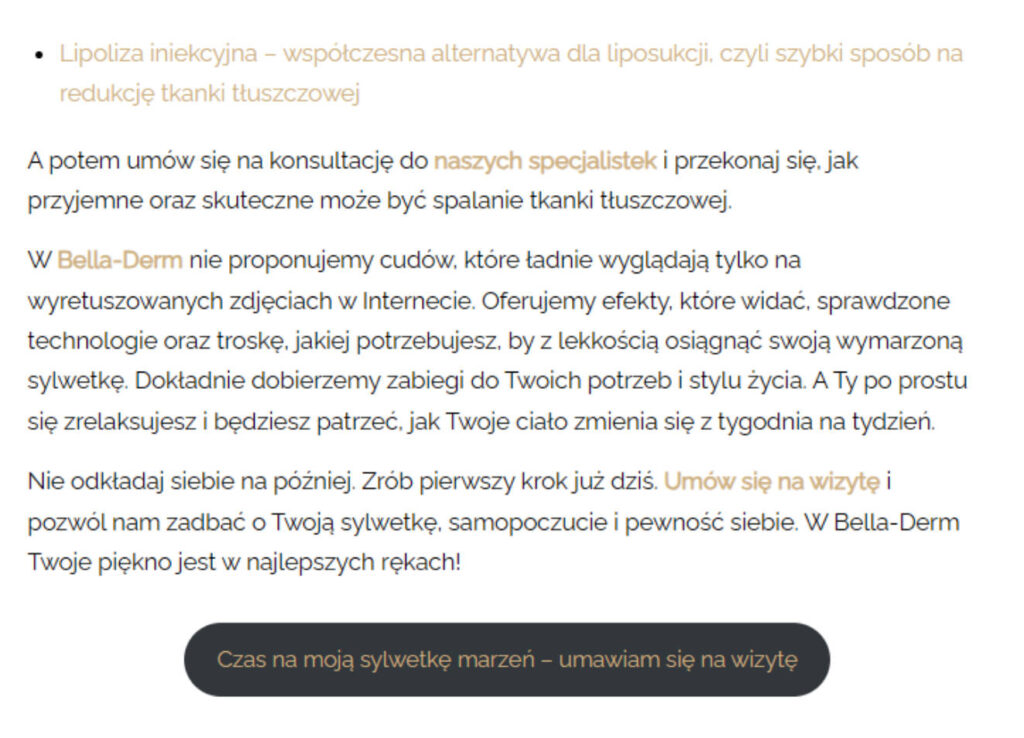Fragment zoptymalizowanych pod SEO treści na blogu eksperckim dla salonu kosmetycznego, czyli portfolio Magdaleny Kotary.