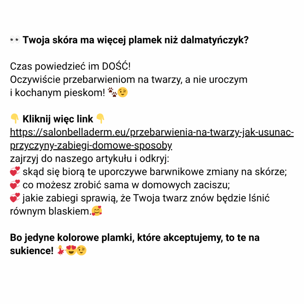 Treści na media społecznościowe w branży beauty – post zachęcający do przeczytania artykułu na blogu o przebarwieniach na twarzy.