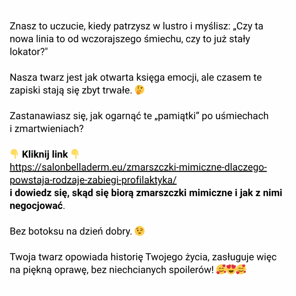 Treści na social media w branży beauty – post zachęcający do przeczytania artykułu na blogu o zmarszczkach mimicznych..