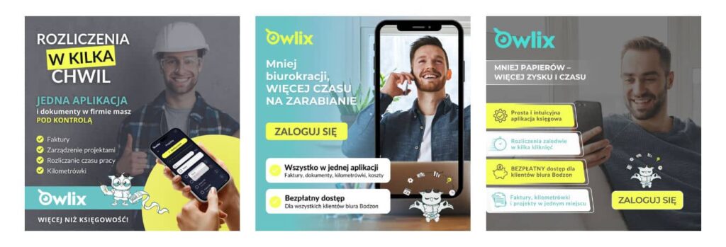 Portfolio graficzne – Magdalena Kotara – grafiki do social mediów dla aplikacji księgowej Owlix.
