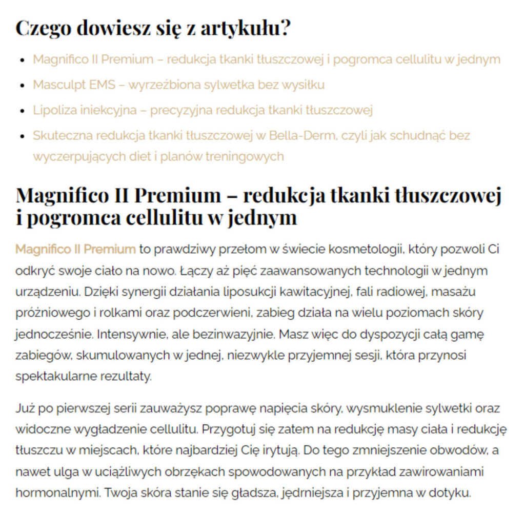 Fragment zoptymalizowanych pod SEO treści na blogu eksperckim dla branży beauty, czyli portfolio Magdaleny Kotary.