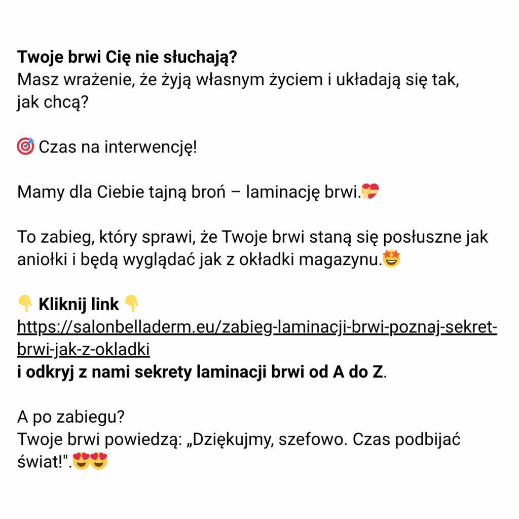 Treści na media społecznościowe salonu kosmetycznego – post zachęcający do przeczytania artykułu na blogu o laminacji brwi.