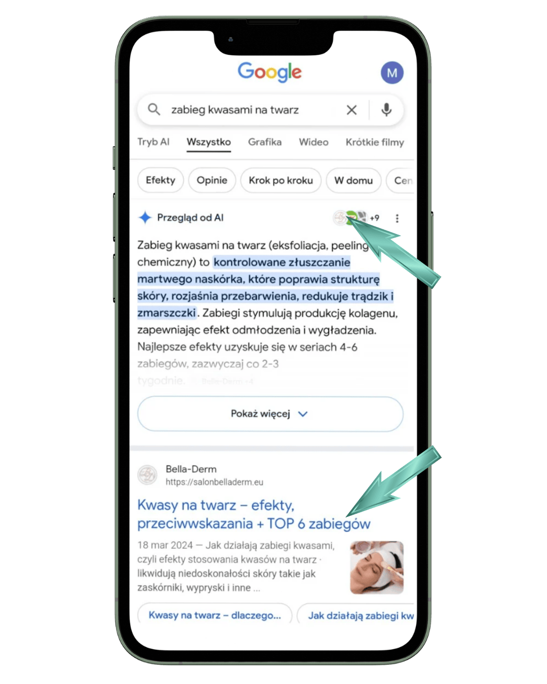 Salon kosmetyczny Bella-Derm (branża beauty) i jego artykuł na blogu w wynikach wyszukiwania Google w TOP3.
