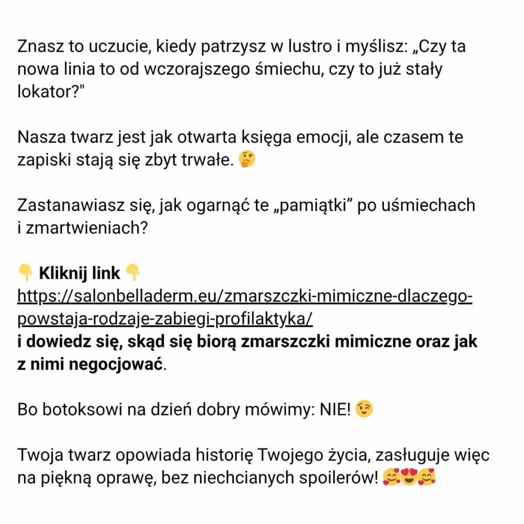 Treści na social media w branży beauty – post zachęcający do przeczytania artykułu na blogu o zmarszczkach mimicznych.