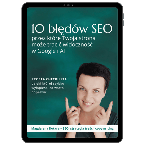 Okładka checklisty 10 błędów SEO, przez które Twoja strona może tracić widoczność w Google i AI autorstawa Magdaleny Kotary.